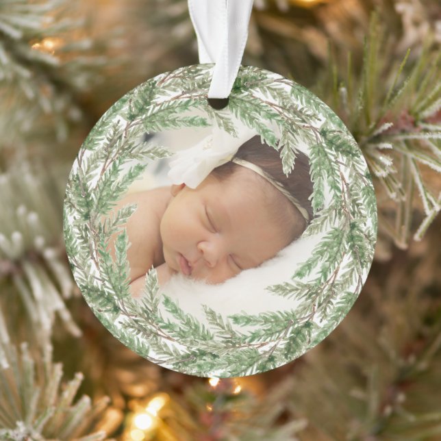 Elegantes Pine Wreath Foto Babys Ornament (Baum)