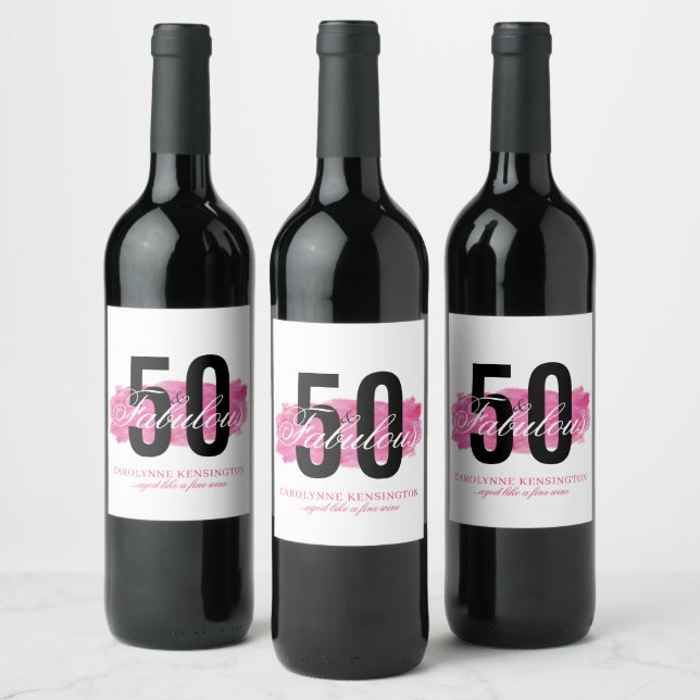 Elegantes Pink 50 und fabelhafte Wasserfarbe Gebur Weinetikett (Flaschen)