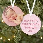 Elegantes Pink Baby Girl First Christmas Foto Ornament<br><div class="desc">Das erste Weihnachtsgeschmack-Design des Babys zeichnet sich durch einen pastellrosa Hintergrund mit staubiger Rose-Rosa-Aufschrift "Die ersten Weihnachten des Kindes" aus,  einen Sondertext,  der mit dem Namen des Babys und dem Geburtsjahr personalisiert werden kann. Bringen Sie auf der Rückseite ein beliebtes Baby-Foto mit. Farben können geändert werden.</div>