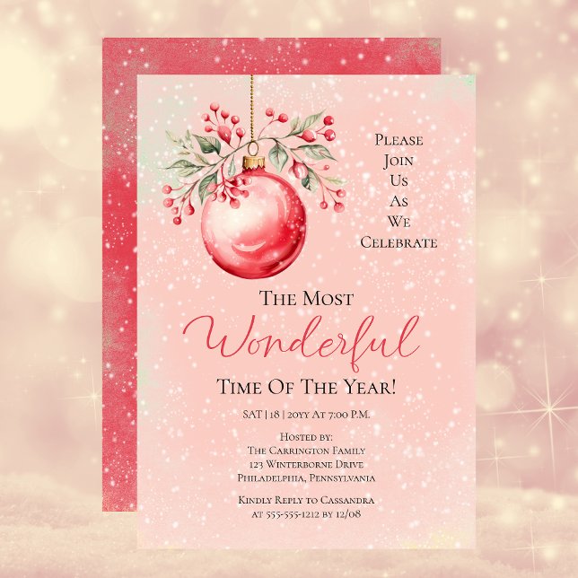 Elegantes Pink Bauble Das schönste Party des Jahre Einladung (Elegant Pink | Red Bauble Most Wonderful Time Year Party Invitation)