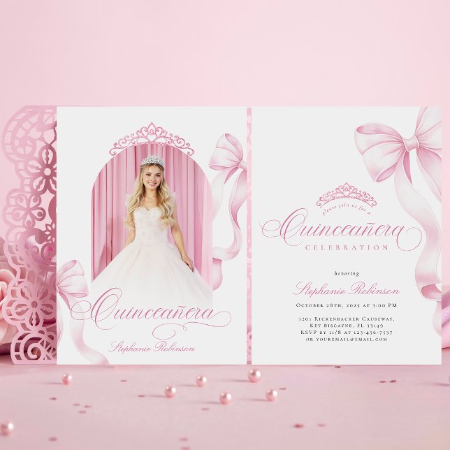 Elegantes Pink Bow Foto Quinceañera Einladung (Von Creator hochgeladen)
