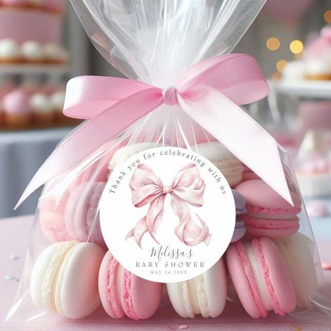 Elegantes Pink Bow Pearls Baby Shower Girl Runder Aufkleber (Von Creator hochgeladen)
