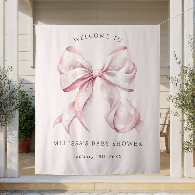 Elegantes Pink Bow & Pearls Baby Shower Tapestry Wandteppich (Von Creator hochgeladen)
