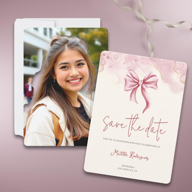 Elegantes Pink Bow Quinceañera Foto Save The Date (Von Creator hochgeladen)