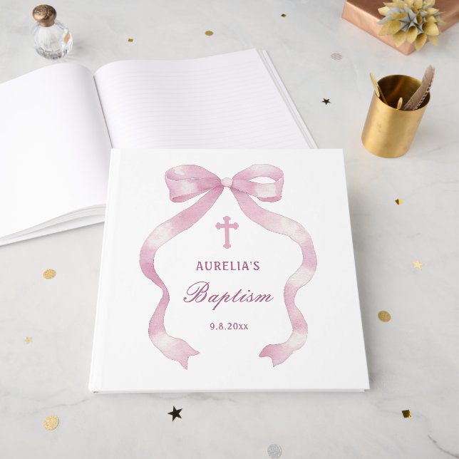 Elegantes Pink Bow Taufen Gästebuch (Vorderseite offen)