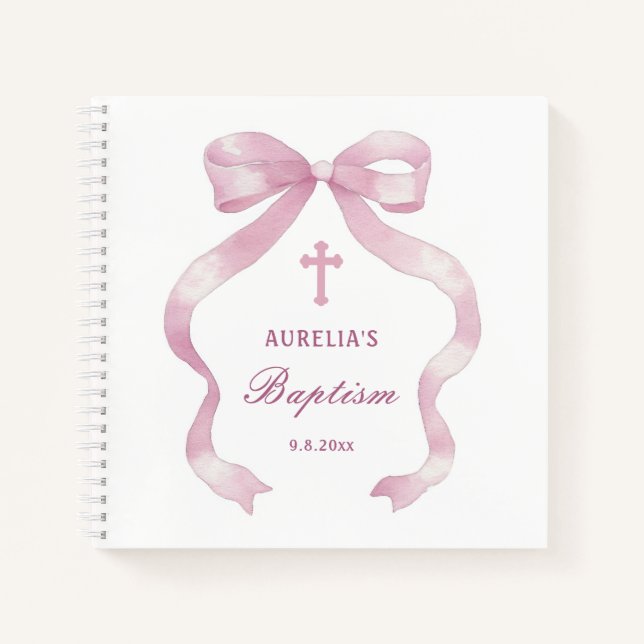 Elegantes Pink Bow Taufen Gästebuch Notizbuch (Vorderseite)