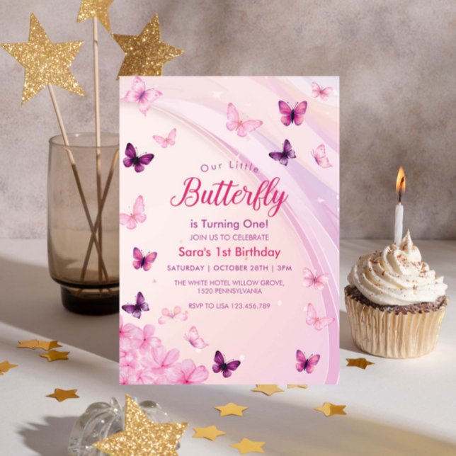 Elegantes Pink Butterflies Party zum 1. Geburtstag Einladung (Von Creator hochgeladen)