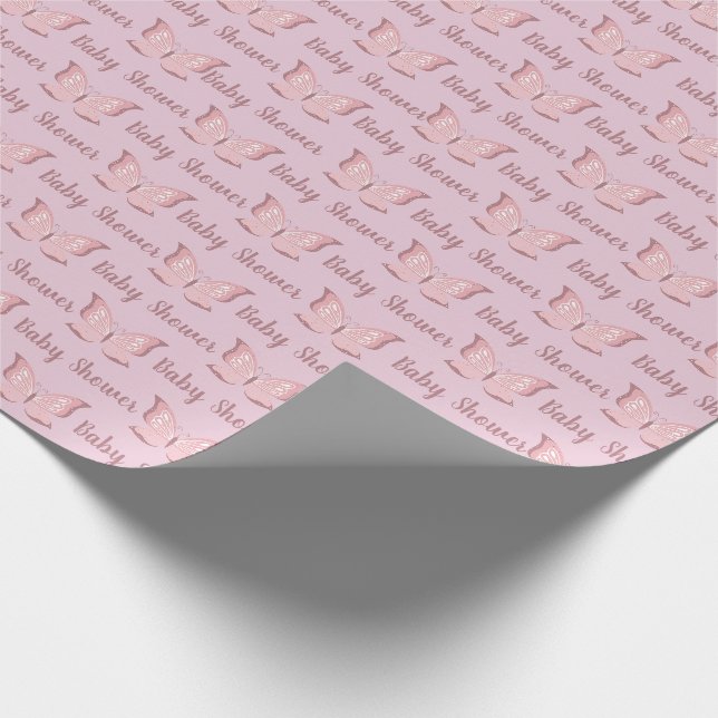 Elegantes Pink Butterfly Baby Shower Wrapping Pape Geschenkpapier (Ecke)