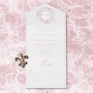 Elegantes Pink Chinoiserie Bird Wappen Hochzeitses All In One Einladung