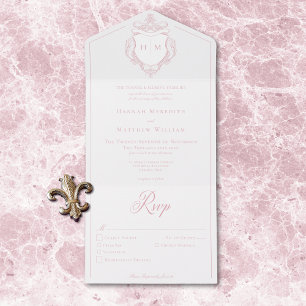 Elegantes Pink Chinoiserie Bird Wappen Hochzeitses All In One Einladung