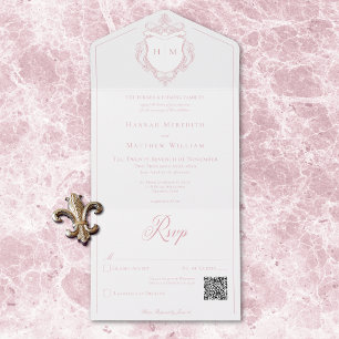 Elegantes Pink Chinoiserie Bird Wappen Wedding QR All In One Einladung