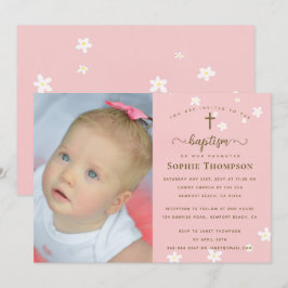Elegantes Pink Daisies Girl Religious Baptism Foto Einladung