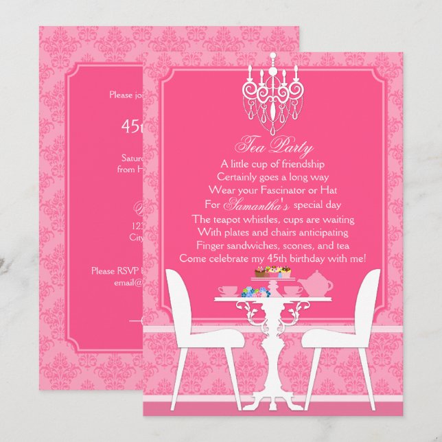Elegantes Pink Damask Birthday Tea Party Einladung (Vorne/Hinten)