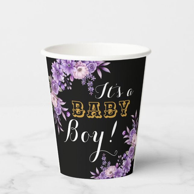 Elegantes Pink Floral Baby Boy Dusche Party 8oz Pappbecher (Vorderseite)