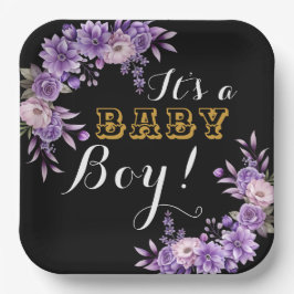 Elegantes Pink Floral Baby Boy Dusche Party Square Pappteller