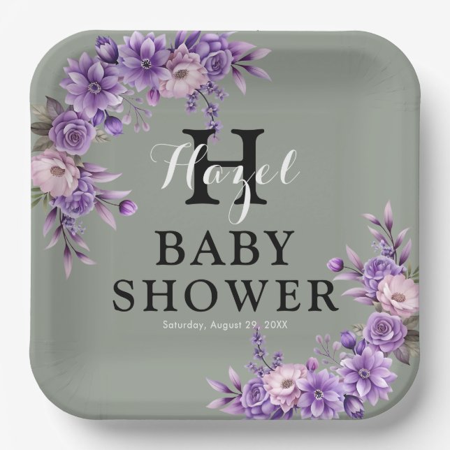 Elegantes Pink Floral Baby Dusche Party Square Pappteller (Vorderseite)