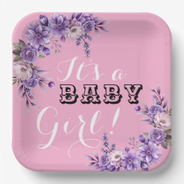 Elegantes Pink Floral Baby Girl Dusche Party Squar Pappteller