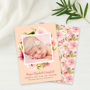 Elegantes Pink Floral Baby Girl Foto Peach Birth Ankündigung