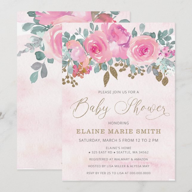 Elegantes Pink Floral Baby in Bloom Baby Shower Einladung (Vorne/Hinten)