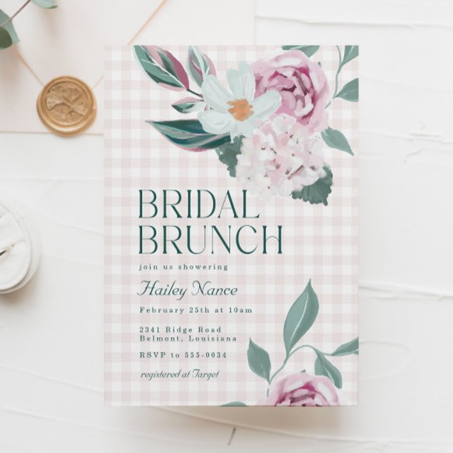 Elegantes Pink Floral Gingham Brautparty Brunch Einladung (Von Creator hochgeladen)