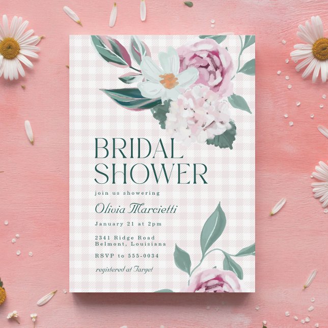 Elegantes Pink Floral Gingham Garden Brautparty Einladung (Von Creator hochgeladen)