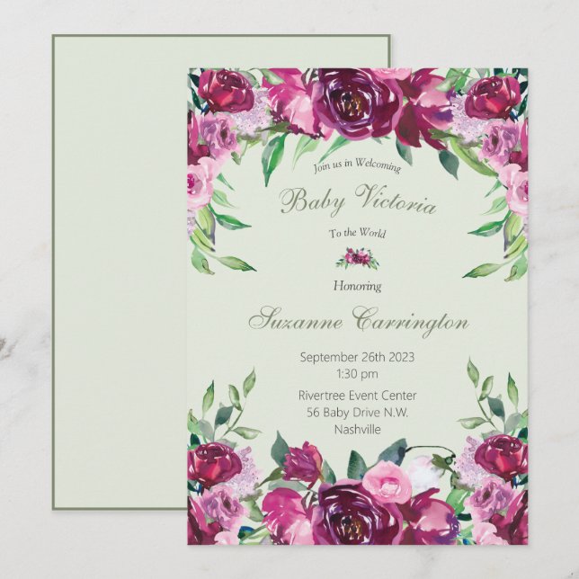 Elegantes Pink Floral Green Girl Script Baby Einladung (Vorne/Hinten)
