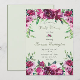 Elegantes Pink Floral Green Girl Script Baby Einladung