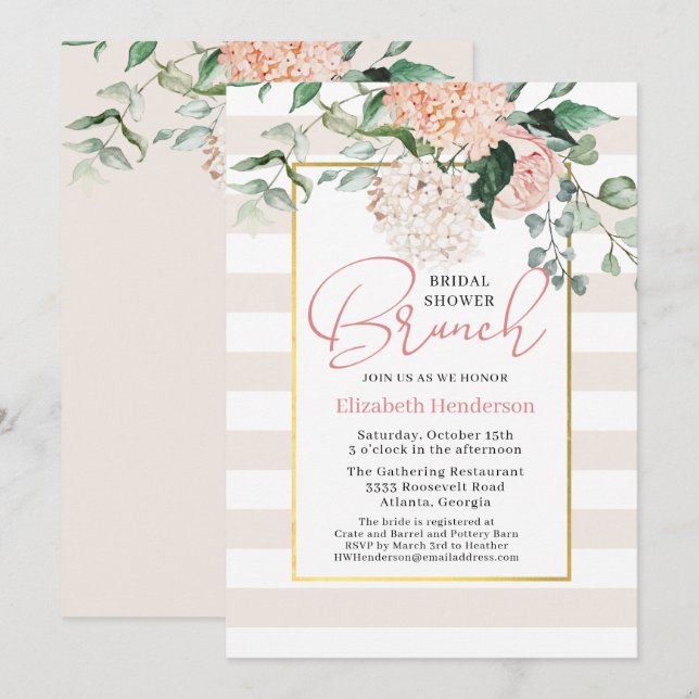 Elegantes Pink Floral Hydrangea Brautparty Brunch Einladung (Vorne/Hinten)
