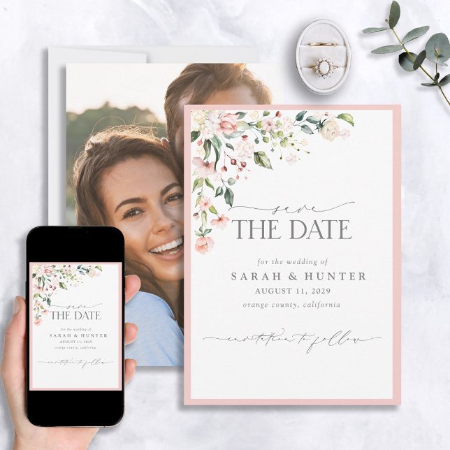 Elegantes Pink Floral Script Foto Hochzeit Save The Date (Von Creator hochgeladen)