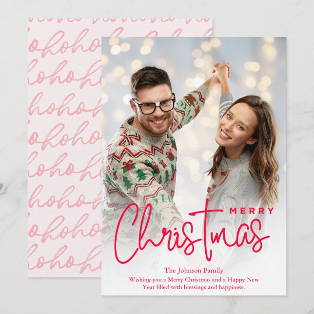 Elegantes Pink Frohe Weihnachts-Foto Feiertagskarte (Vorne/Hinten)