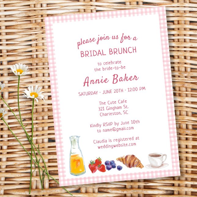 Elegantes Pink Gingham Summer Brunch Brautparty Einladung (Von Creator hochgeladen)