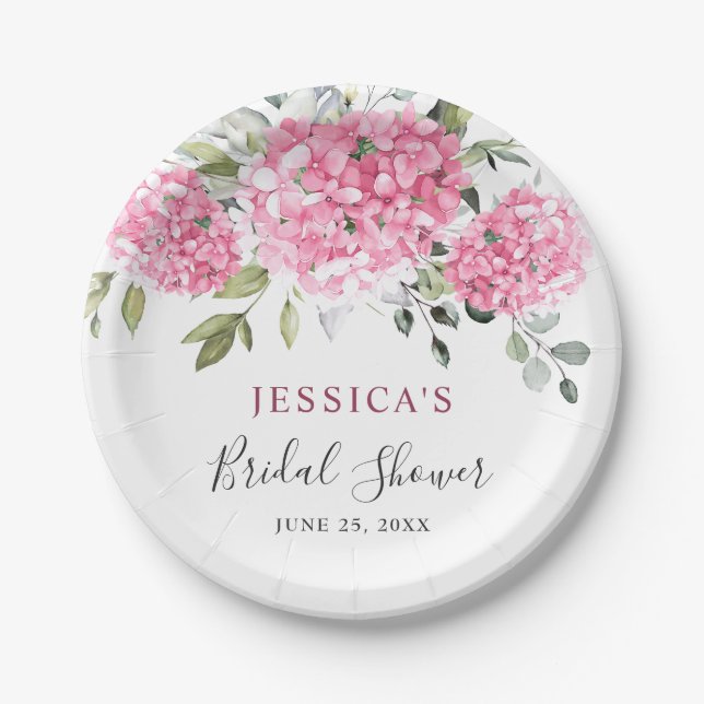 Elegantes Pink Hydrangea Eukalyptus-Brautparty Pappteller (Vorderseite)