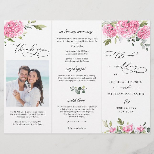 Elegantes Pink Hydrangea Hochzeitsprogramm (Vorderseite)