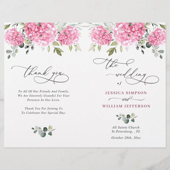 Elegantes Pink Hydrangea Hochzeitsprogramm (Vorderseite)