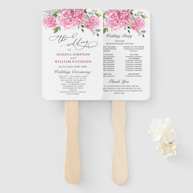 Elegantes Pink Hydrangea Hochzeitsprogramm Fächer (Vorne und Hinten)