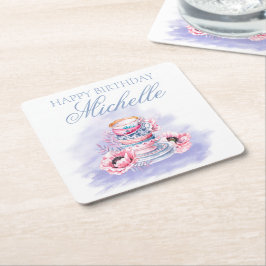 Elegantes Pink Lila Happy Birthday Tea Party Rechteckiger Pappuntersetzer