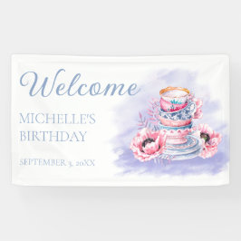 Elegantes Pink Lila Tee Party Geburtstag Willkomme Banner