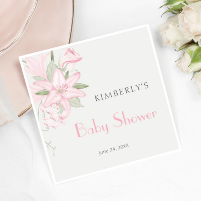 Elegantes Pink Lily Green Blätter Baby Shower Serviette (Von Creator hochgeladen)