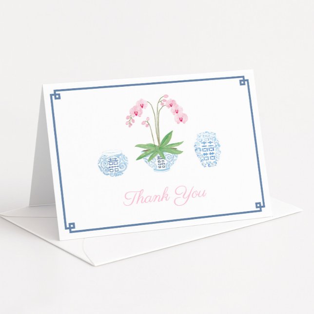 Elegantes Pink Orchid Ginger Jars Brautparty Dankeskarte (Smart navy and pink chinoiserie bridal shower thank you card design with watercolor pink orchid)