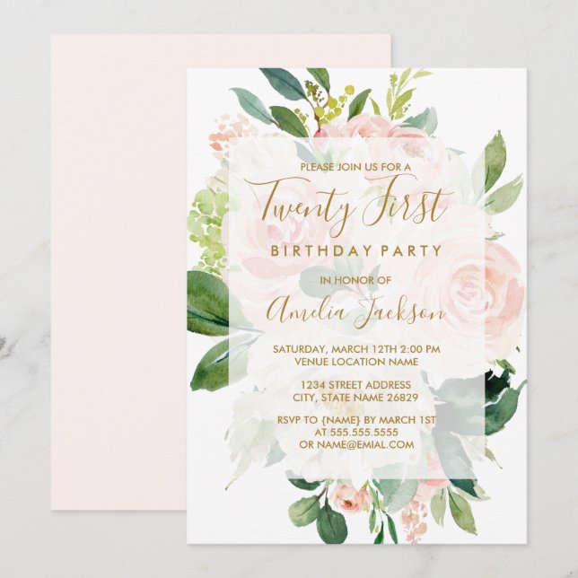 Elegantes Pink Peach Bloom 21. Geburtstag Party Einladung (Vorne/Hinten)