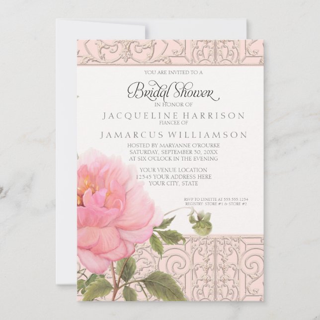 Elegantes Pink Peony Floral w Greenerity Brautpart Einladung (Vorderseite)