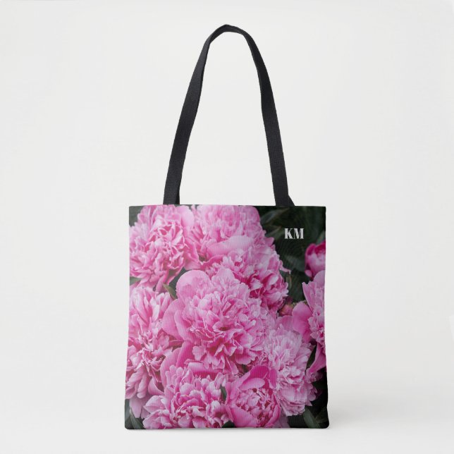 Elegantes Pink Peony Makro Monogramm Tasche (Vorderseite)