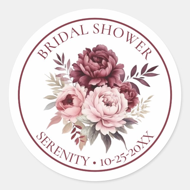 Elegantes Pink Pink Burgundy Peony Brautparty Runder Aufkleber (Vorderseite)