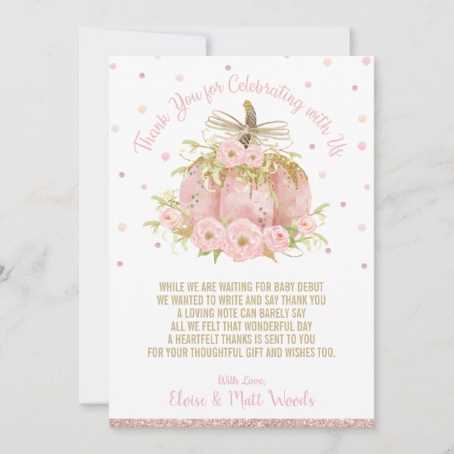Elegantes Pink Pumpkin Baby Shower Girl Dankeskarte (Vorderseite)