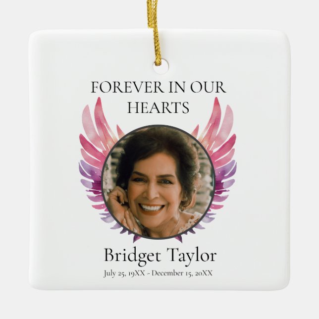 Elegantes Pink & Purples Angel Wings Foto Memorial Keramikornament (Vorderseite)