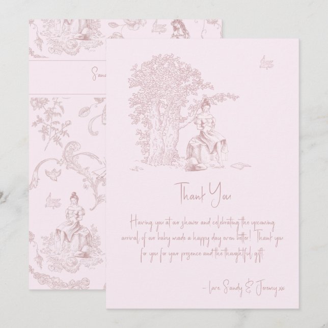 Elegantes Pink Toile Jouy Baby Shower Book Request Dankeskarte (Vorne/Hinten)
