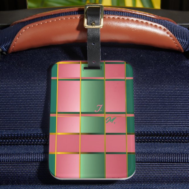 Elegantes Pink- und Grün-Farbenblock-Monogramm Gepäckanhänger (Vorderseite Insitu 2)