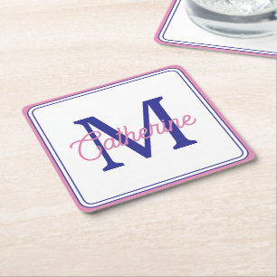 Elegantes Pink und Marineblau Einfaches Monogramm Rechteckiger Pappuntersetzer