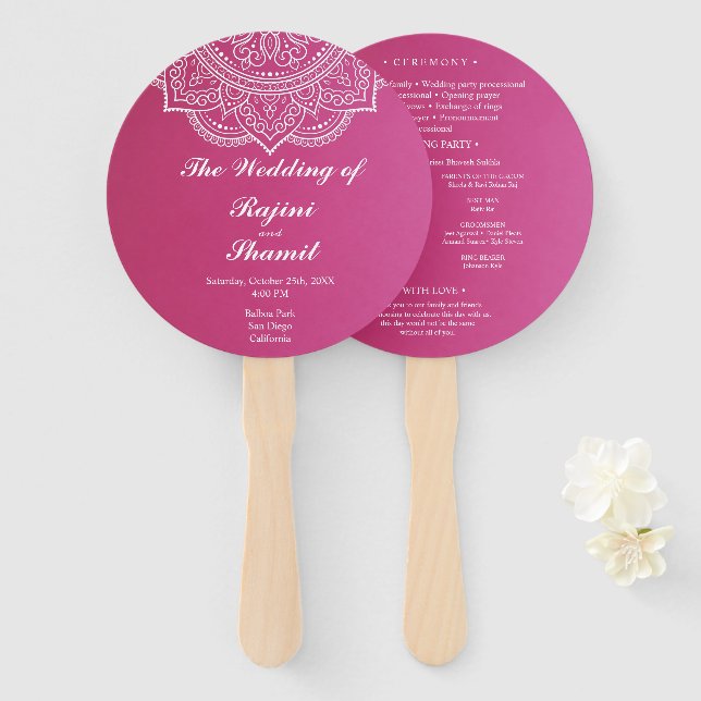 Elegantes Pink White Paisley Indian Wedding Progra Fächer (Vorne und Hinten)