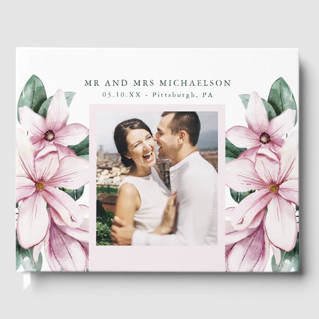 Elegantes pinkfarbenes Foto Hochzeit der Flora Gästebuch (Vorderseite)